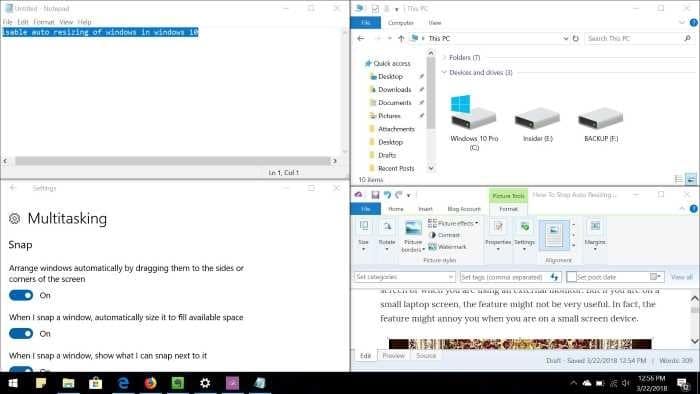 disable auto window resizing in windows 10