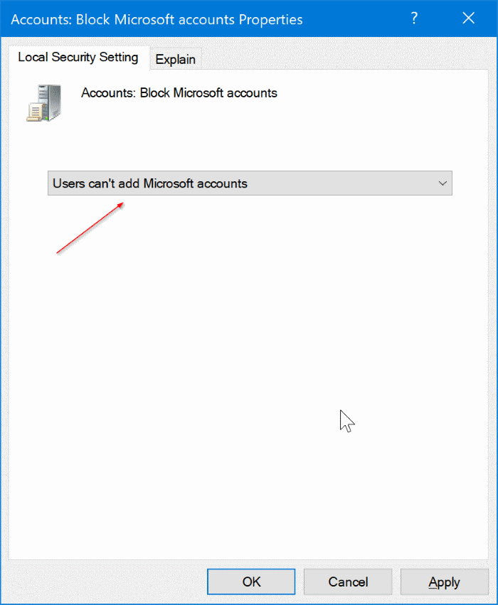 disable or block Microsoft accounts in Windows 10 pic2