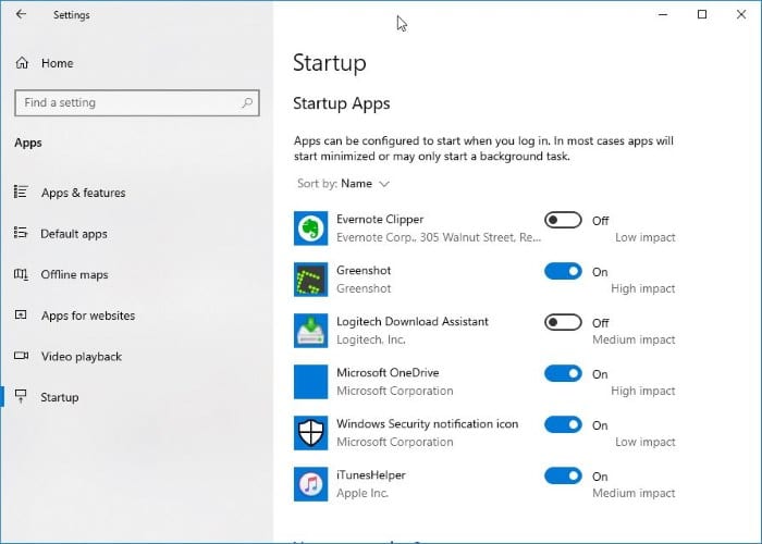disable startup programs via Settings app