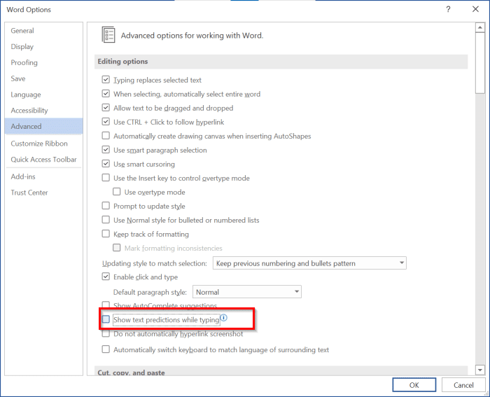 disable text prediction in Office Word pic2