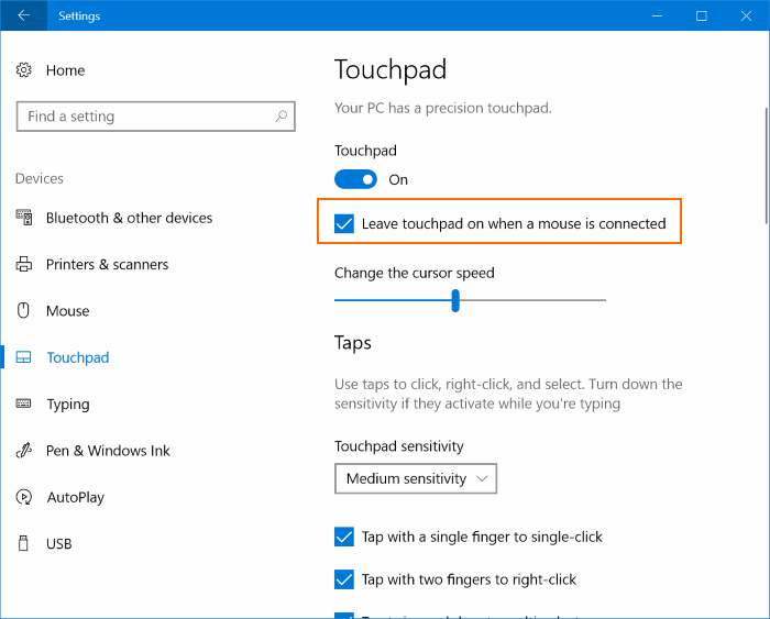 disable touchpad when mouse is connected in Windows 10