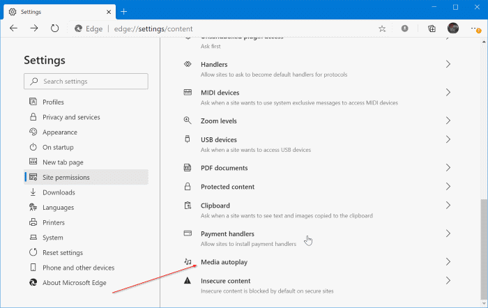 disable video autoplay in Edge pic1