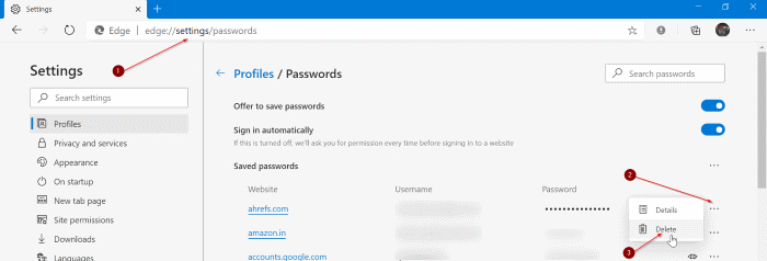edit or update saved passwords in edge in Windows 10 pic1