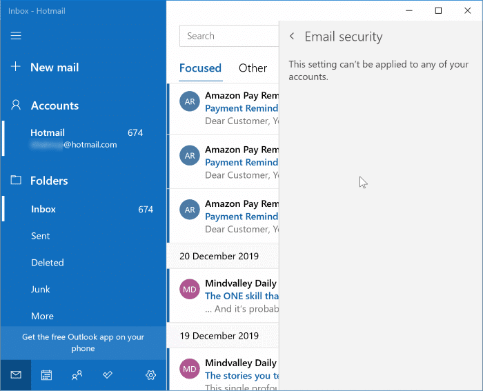 email security in Windows 10 mail app pic2
