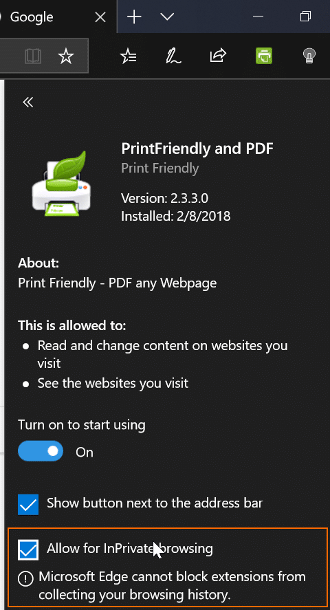 enable extensions in in private mode in Windows 10 pic3