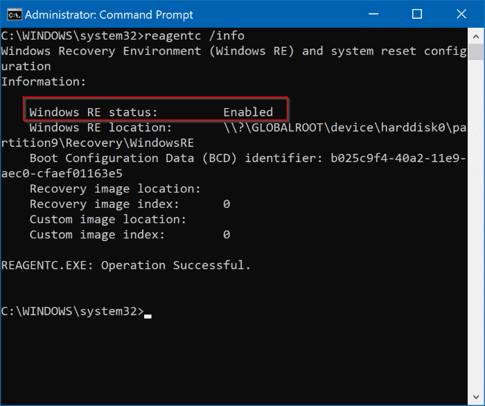 enable or disable Windows Recovery environment in Windows 10 pic2