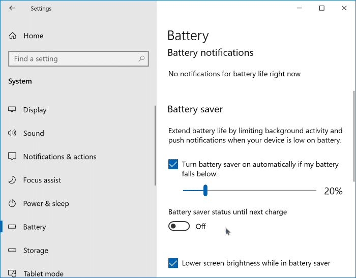 enable or disable battery saver in windows 10