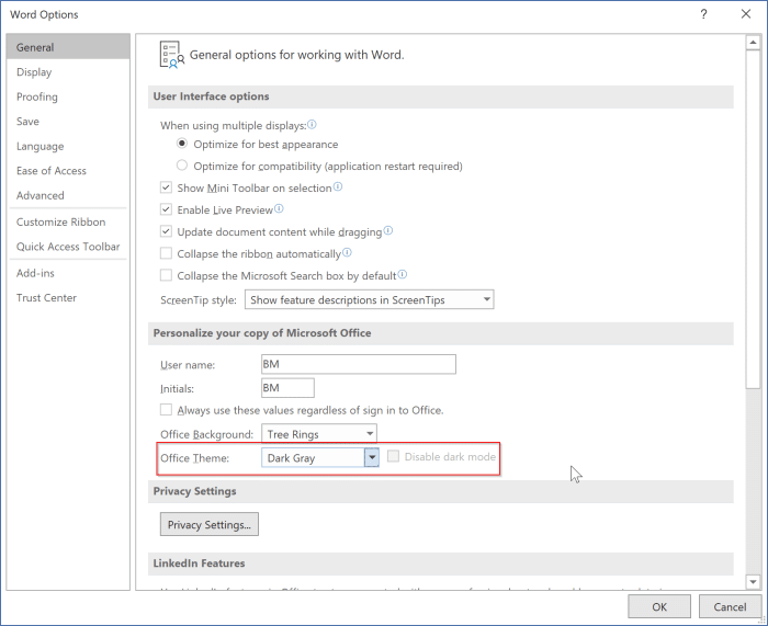 enable or disable dark mode in Office 365 Word, Excel and PowerPoint pic3