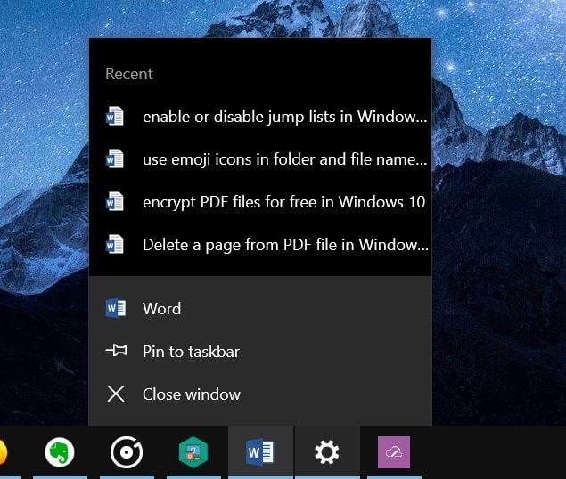 enable or disable jump lists in Windows 10 pic1