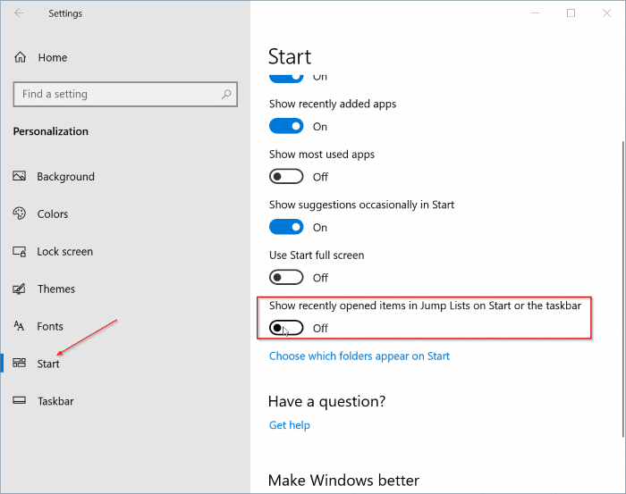 enable or disable jump lists in Windows 10 pic2