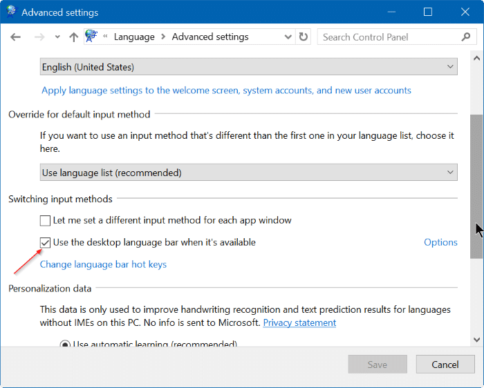 enable or disable language bar in Windows 10 step4