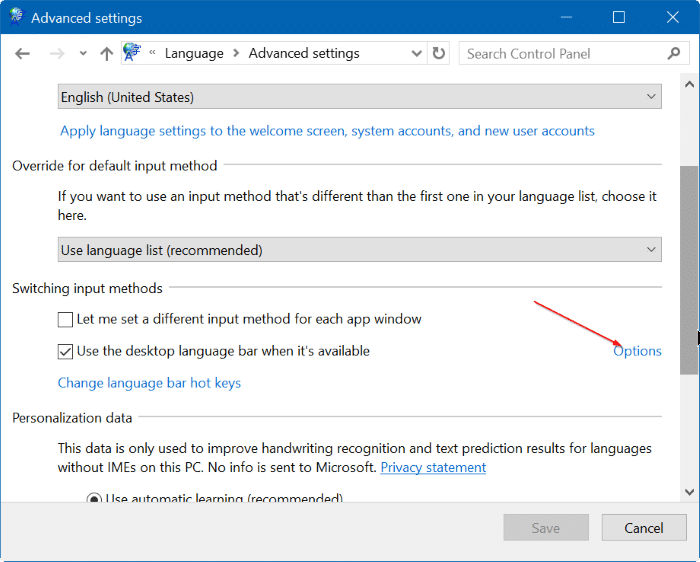 enable or disable language bar in Windows 10 step5