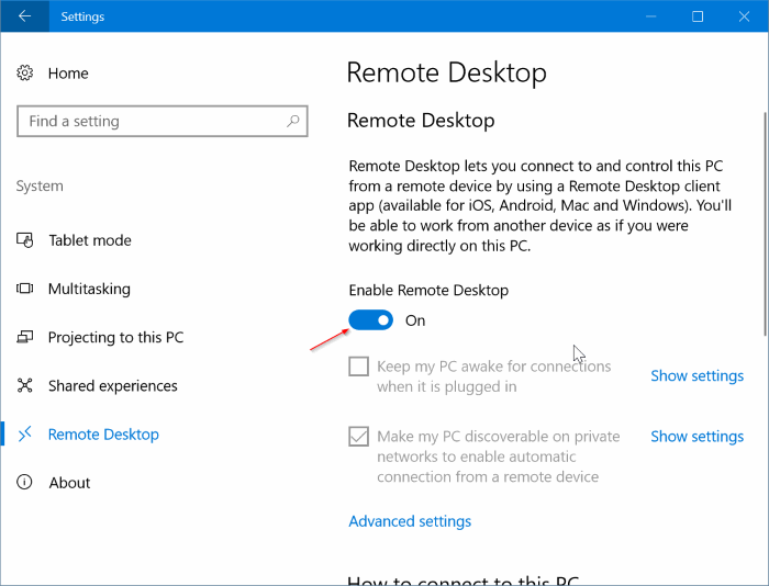 enable or disable remote desktop in Windows 10 pic3