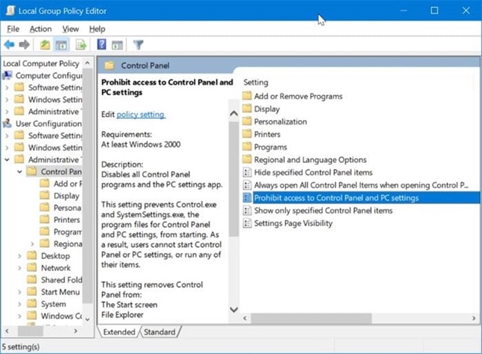 enable or disable settings and Control Panel in Windows 10 pic2