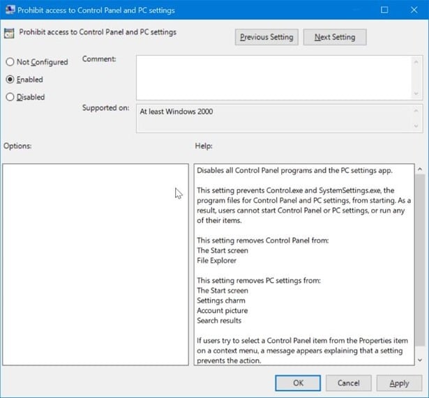 enable or disable settings and Control Panel in Windows 10 pic3