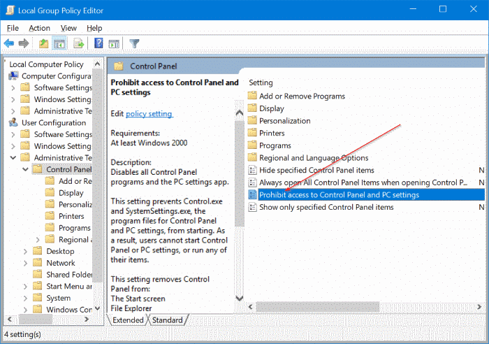 enable or disable settings in Windows 10 pic2