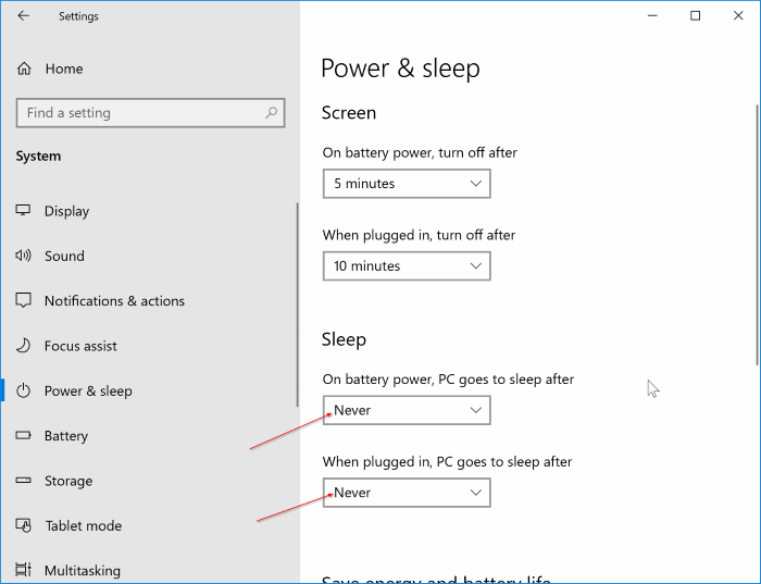 enable or disable sleep mode in Windows 10 pic2