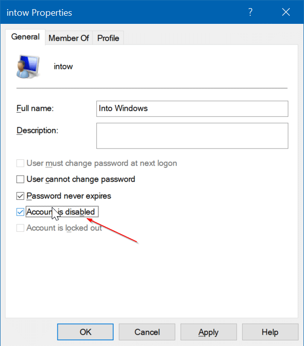 enable or disable user account in Windows 10 pic4