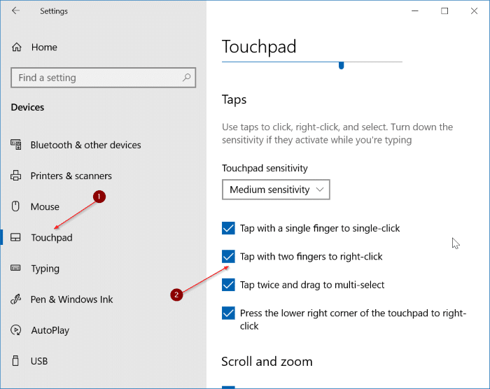 enable two finger tap in Windows 10