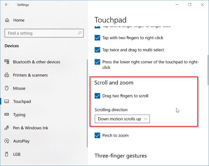 enable two finger scrolling in Windows 10
