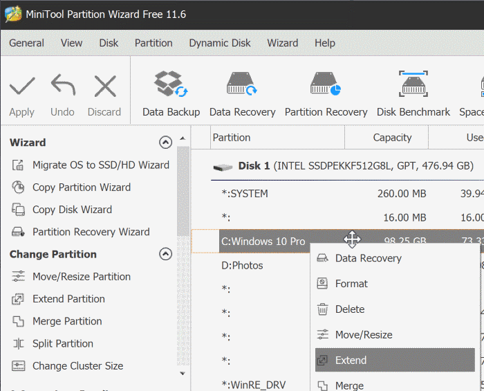 extend partition grayed out in Windows 10 pic1