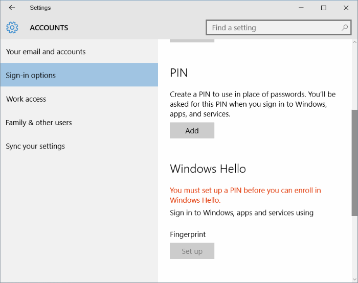 fingerprint setup button greyed out in Windows 10