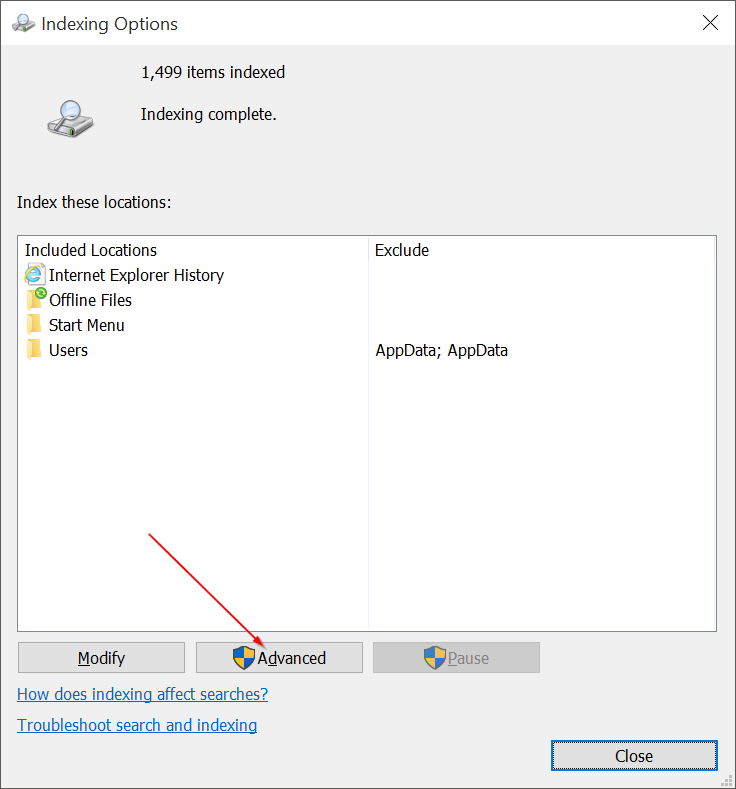 fix Windows 10 search issues by rebuilding index pic4