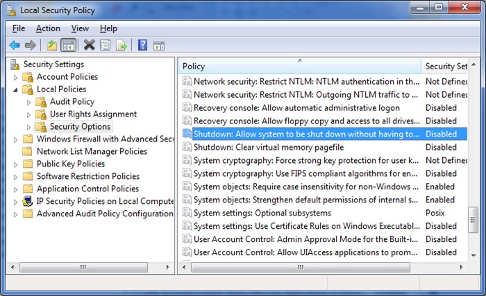 fix shut down button is missing from logon screen Windows 7 step2