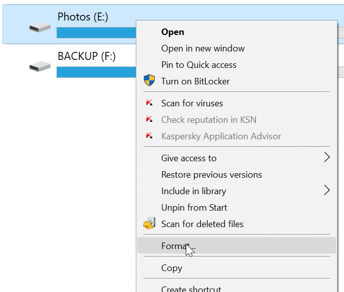 format drives or partitions in Windows 10 pic1