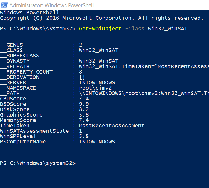 get Windows Experience Index in Windows 10