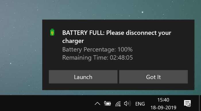 get full battery notification alert in Windows 10