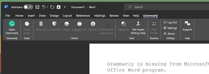 grammarly missing from Office Word pic1