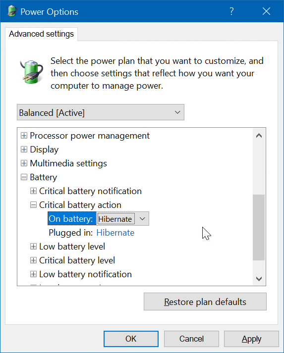 hibernate Windows 10 when battery is low pic4