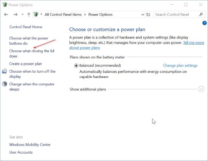 hibernate Windows 10 when laptop lid is closed pic1
