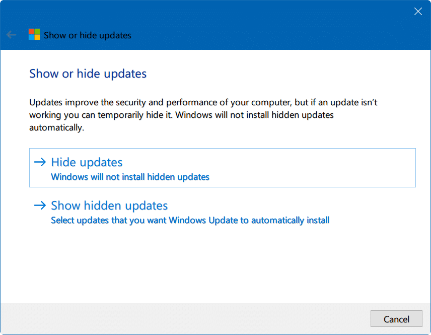 hide Windows updates Windows 10 pic1
