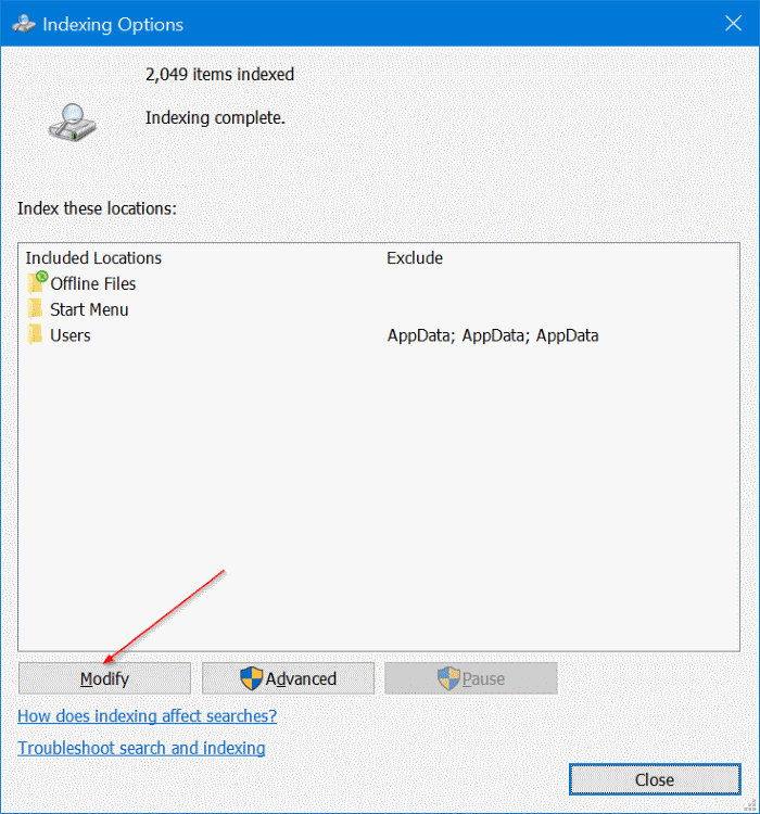 hide files and folders from search results in Windows 10 pic2