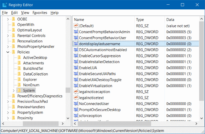 hide username email address on login screen in Windows 10 step2