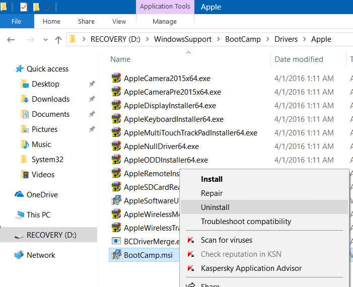 how to uninstall boot camp services from Windows 10 pic1
