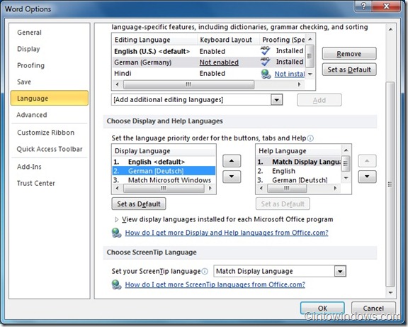 how to chagne display language in office 2010