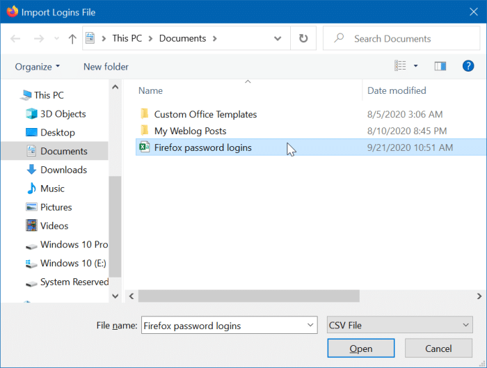 import passwords to Firefox from a CSV file pic5