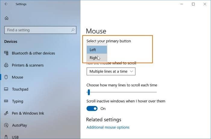 interchange mouse buttons in Windows 10 pic1