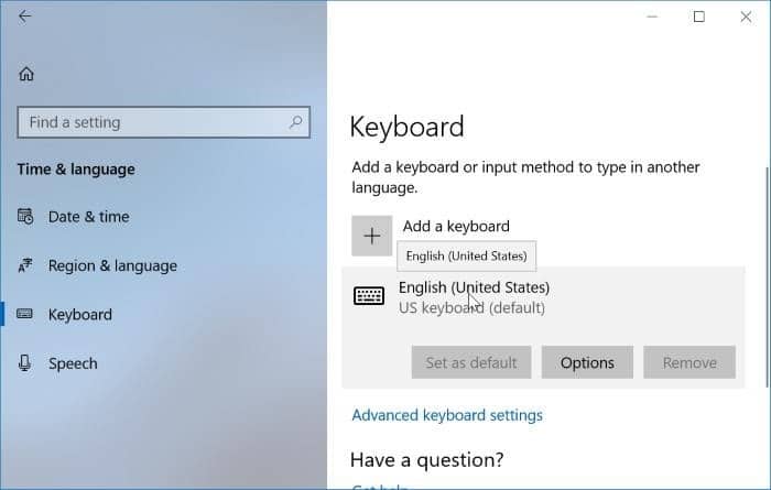 keyboard settings in Windows 10pic01