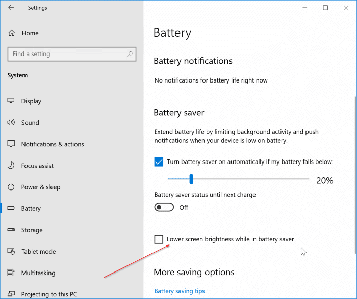 lower screen brightness when on battery saver in Windows 10