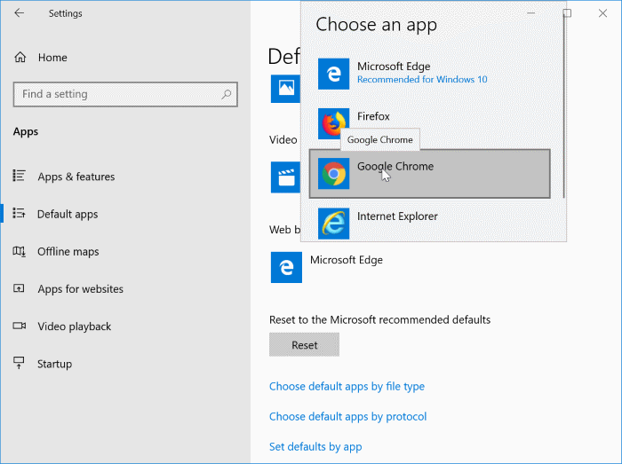 make Google Chrome as the default browser in Windows 10