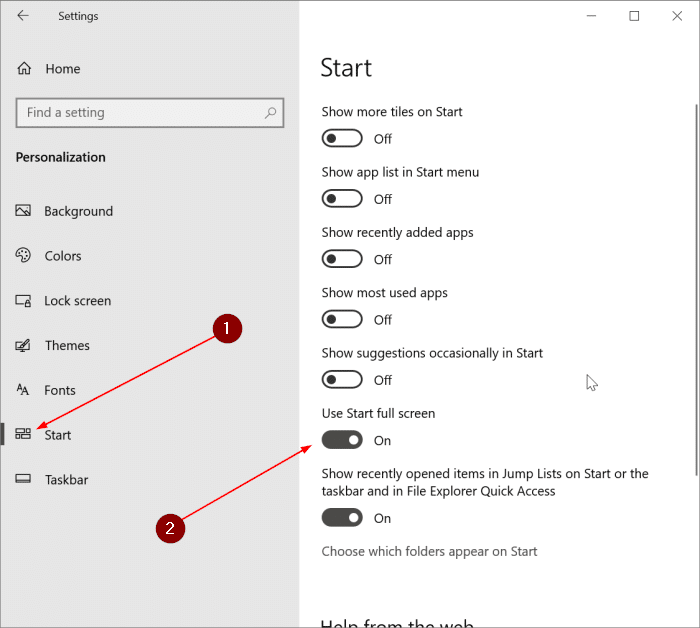 make Start menu full screen in Windows 10 pic1