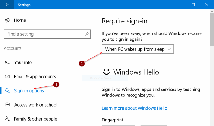 make windows 10 require password on wake up from sleep