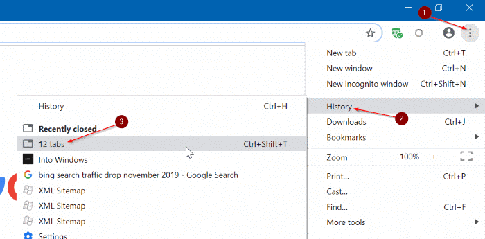 manually restore Google Chrome browsing session in Windows 10 pic1