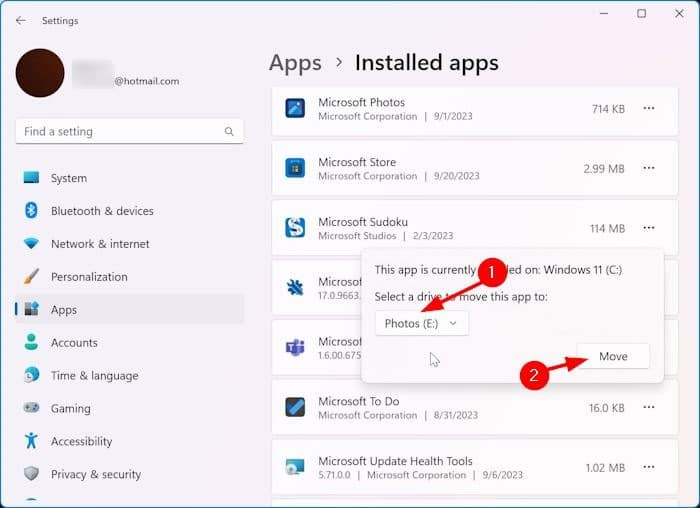 move installed apps in Windows 11 pic6
