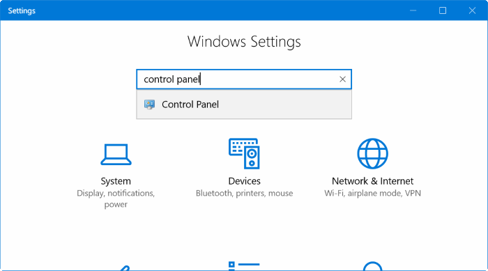 open Control Panel from Settings in Windows 10