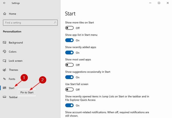 open Start menu settings in Windows 10 pic7